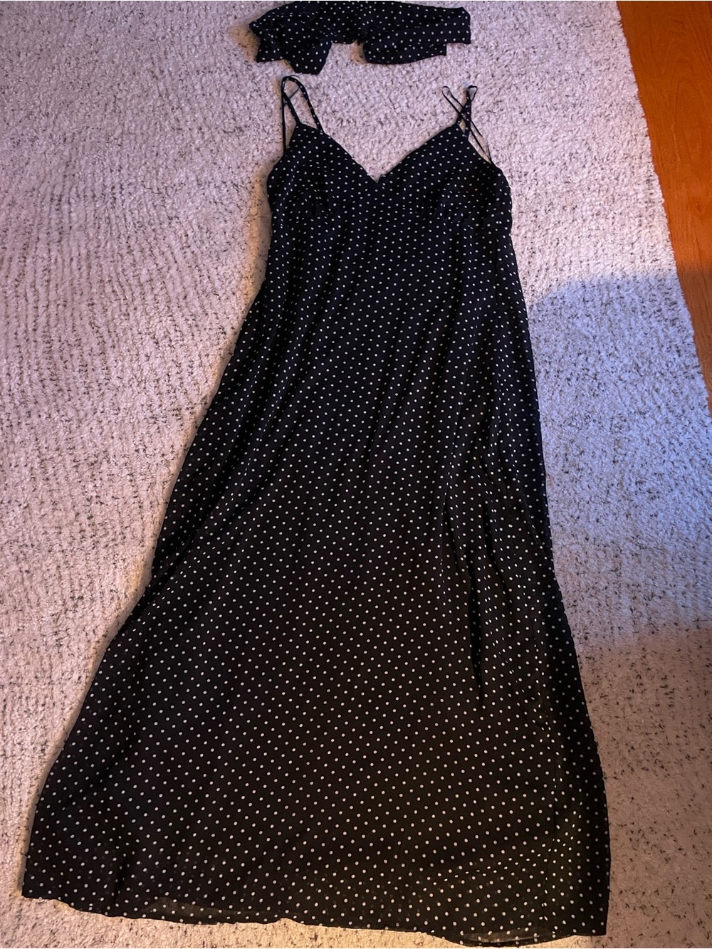 Black Polka Dot Maxi Slip Dress with Spaghetti Straps with a matching scarf